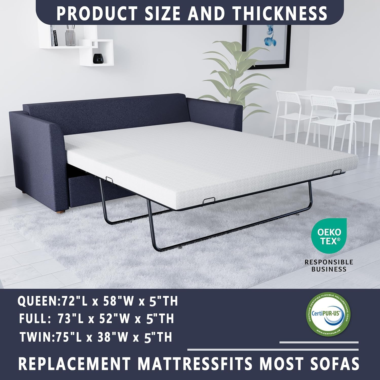 5 Inch Memory Foam Replacement Mattress for Sleeper Sofa and Couch Beds,Queen Size,CertiPUR-US Certified,Washable Cover(Sofa Not Included) Generic Dimensions - Image 6