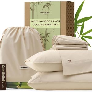 Bedsure Cooling Sheets, Rayon Derived from Bamboo & Cotton Blend, GentleSoft, Breathable, King Size Sheets Set, Deep Pocket Up to 18 Inches, Hotel Luxury Bedding for Hot Sleepers, Beige
