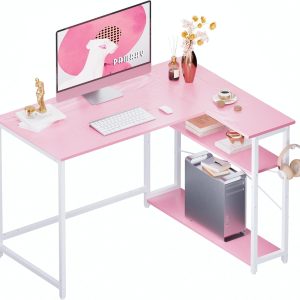 Pamray 43 Inch L Shaped Computer Desk with Reversible Side Storage Shelves, Small Corner Desk for Small Space Home Office,Writing Study Table PC Desk for Bedroom,Pink with White Leg