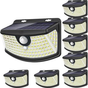 Aootek New Solar Motion Sensor Lights 120 LEDs with Lights Reflector,270° Wide Angle, IP65 Waterproof, Step Lights for Front Door, Yard, Garage, Deck (Black, Daylight White, 8-Pack)