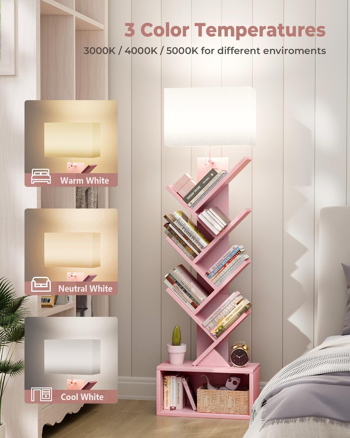 Evermagin 6 Tier Tree Bookshelf with Light, Narrow Bookcase Tower, Tall Floor Standing Book Shelf Organizer with Storage Cabinet for Living Room, Bedroom and Home Office, Pink - Image 4