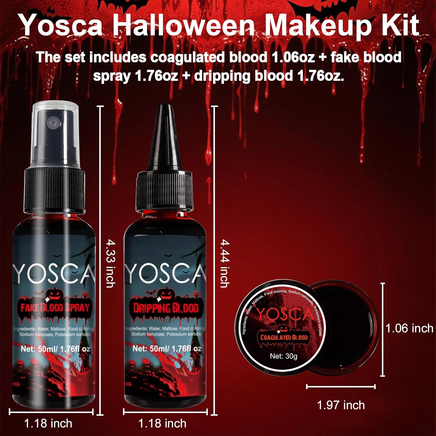 Yosca 3Pcs Halloween Fake Blood, Realistic Washable Fake Blood Spray, Dripping, Coagulated Halloween Makeup Kit, Face Body Paint Special Effects Makeup for Clown Zombie Bride Vampire Monster Cosplay - Image 4