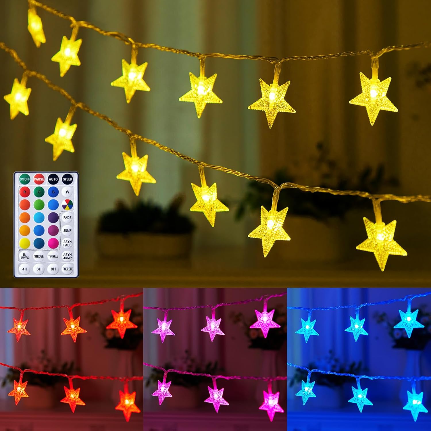 Minetom Color Changing Star String Lights – 17 ft 50 LED Star Fairy Lights with Remote and Timer, 16 Colors and 7 Modes, USB Powered String Lights for Bedroom Tent Patio Xmas Party Indoor Decor