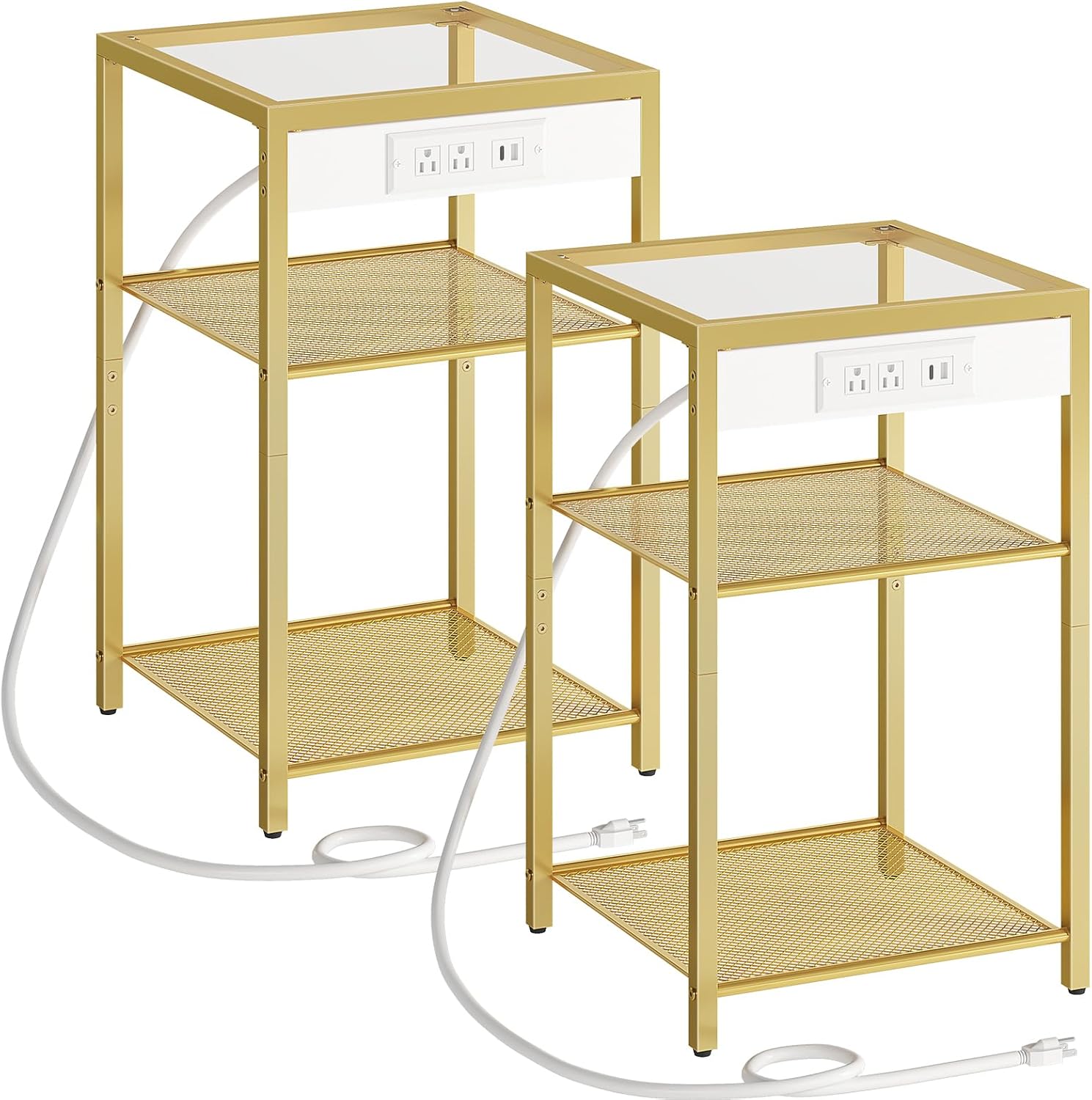 HOOBRO End Tables Set of 2 with Charging Station, Side Tables with USB Ports & Power Outlets, 3-Tier Slim Nightstands with Storage Shelves, Tempered Glass, for Living Room, Bedroom, Gold GD77UBZP201