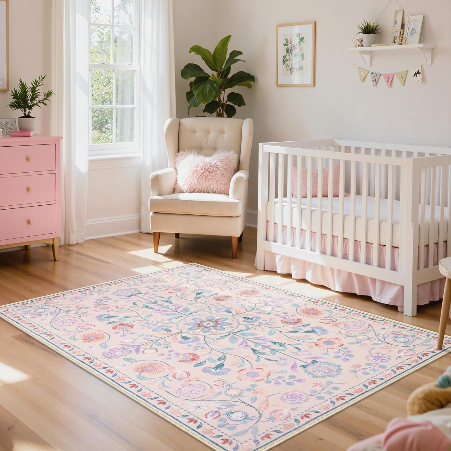 Anidaroel 5×7 Area Rugs for Living Room, Washable Pink Floral Rugs for Bedroom Girls, Soft Boho Nursery Rugs for Kids Playroom, Non Slip Low Pile Indoor Carpet for Bedside Dorm, Pink/Multi