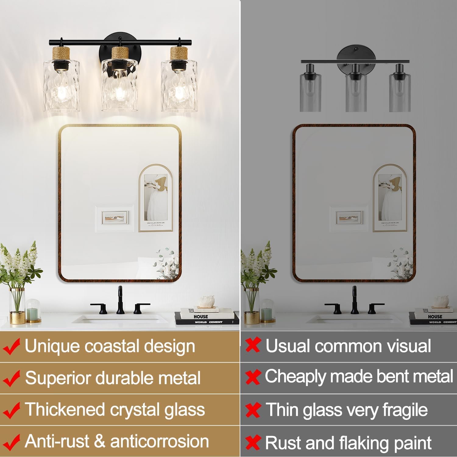 Coastal Bathroom Light Fixtures, Vanity Lights with Hammered Glass and Hemp Rope, 3-Light Matte Black Bathroom Wall Lamp for Mirror Hallway Cabinet - Image 2