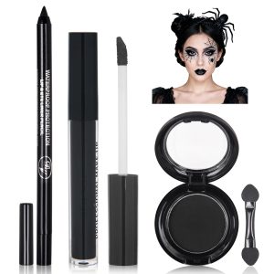 Black Eyeshadow Palette Liquid Lipstick Eyeliner Set with Mini Brush, Smokey Eye Shadow Black Lip Gloss lip liner Set, Smudge Proof Long-lasting, Suitable for Halloween Cosplay Goth Witch Makeup