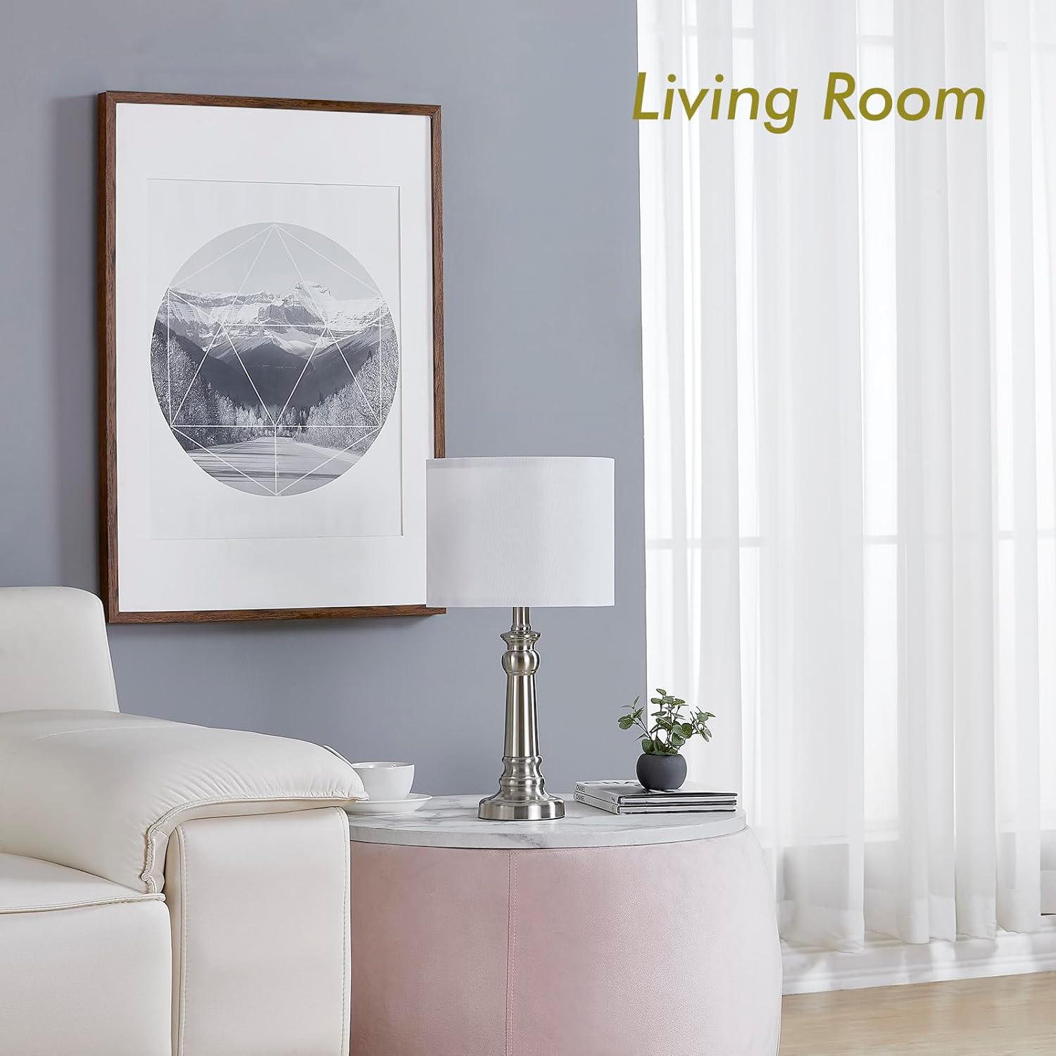 Table Lamps for Living Room, Modern Bedroom Lamps Set of 2 with Nickel Metal Base White Round Shades for Reading, Decor Silver Lamps for Night Stands, LED Bulbs Included - Image 3