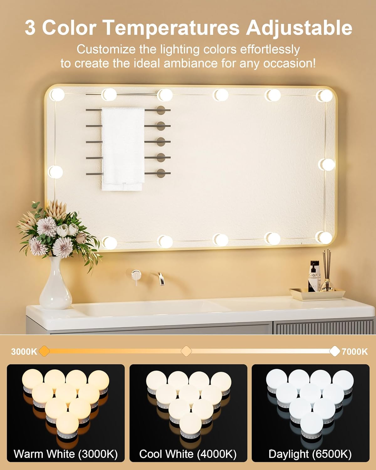 14 Bulbs LED Vanity Lights for Mirror, 3000K 4000K 6500K & 10-Brightness, Wire Length Adjustable, USB Cable, Hollywood Mirror Lights for Makeup Dressing Room Bathroom, White - Image 3
