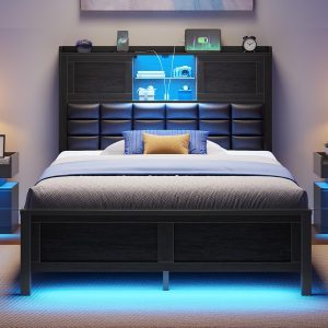 Rolanstar Bed Frame Twin Size with Charging Station, Bookcase Headboard Bed with LED Light and Sliding Doors, Platform Bed with Wooden Slats, No Box Spring Needed, Noise Free, Black