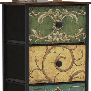 Tohomeor Small Dresser for Bedroom with Retro Flower Narrow Drawers Slim Chest of Drawers Skinny Nightstand Sofa End Table for Living Room Entryway Closet Storage (Multi, 3 Drawers)