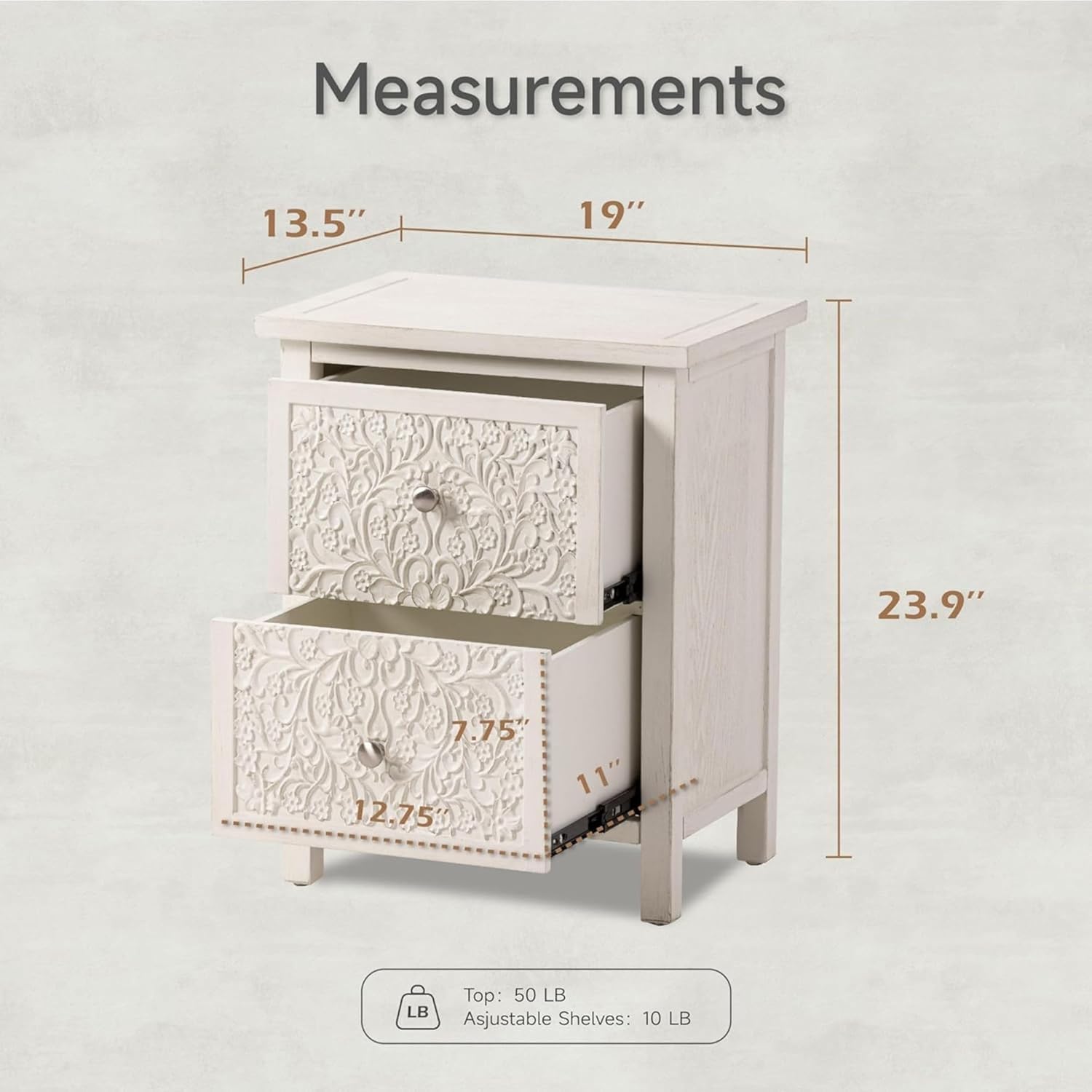 COZAYH 2-Drawer Carved Wood Nightstand, White w/ Distressed Finish – Bedside Table w/ Floral Patterns & Antique Bronze Knobs – Pre-Assembled Farmhouse Bedroom Furniture for Small Spaces - Image 3