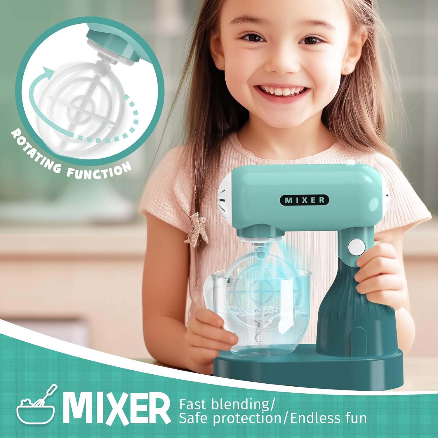 Kids Play Kitchen Accessories Toys Set, Pretend Play Kitchen Appliances Kit - Blender, Coffee Maker, Mixer, Toasters with Light & Sound, Playhouse Role Play Toy Gift for Girl Ages 3 4 5 6 - Image 5