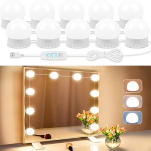 LED Vanity Lights For Mirror, Vanity Lights Stick on with 10 Dimmable Bulbs, 3000K 4000K 6500K & 10 Level Brightness Adjustable, USB Cable, Hollywood Mirror Lights for Makeup Dressing Room Bathroom