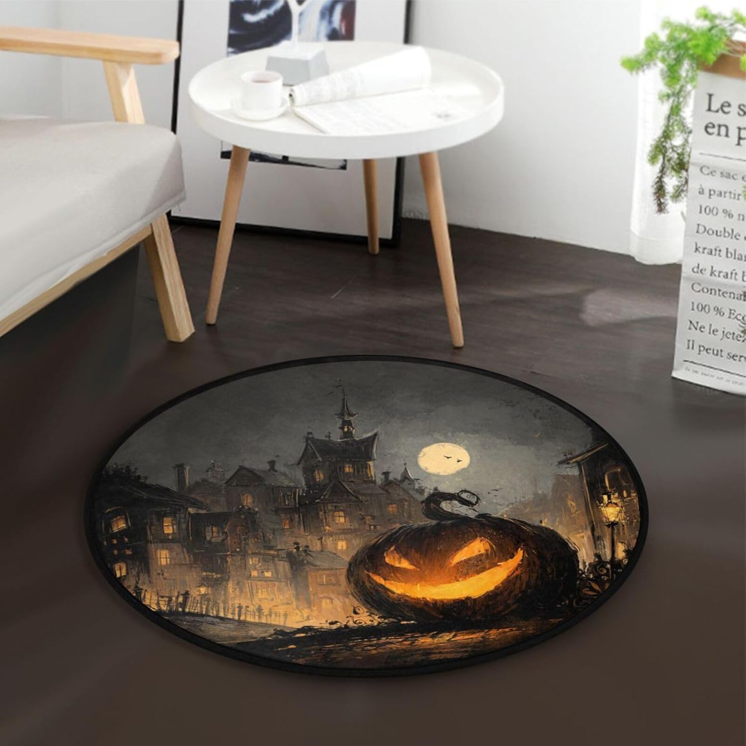 ALAZA Retro Halloween Night Pumpkins Round Floor Mat Non-Slip Absorbent Floor Mat for Living Room Bedroom Study Room,36.2 inch Diameter - Image 2