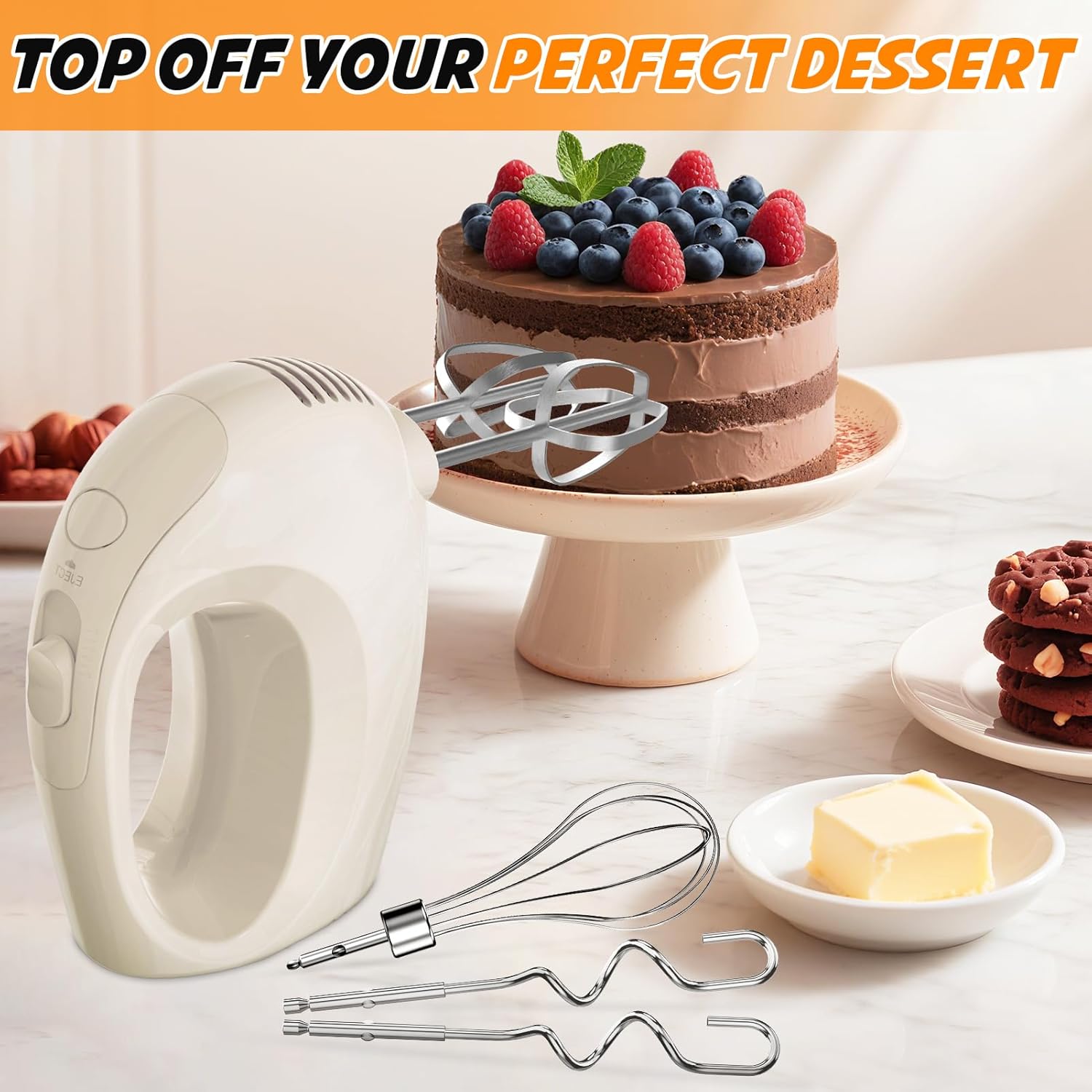 Handmixer Electric Handheld - 7 Speed Portable Kitchen Mixer Electric with 5 Stainless Steel Accessories Whisk, Food Beater for Whipping Mixing Cookies Cakes Eggs, Beige - Image 5