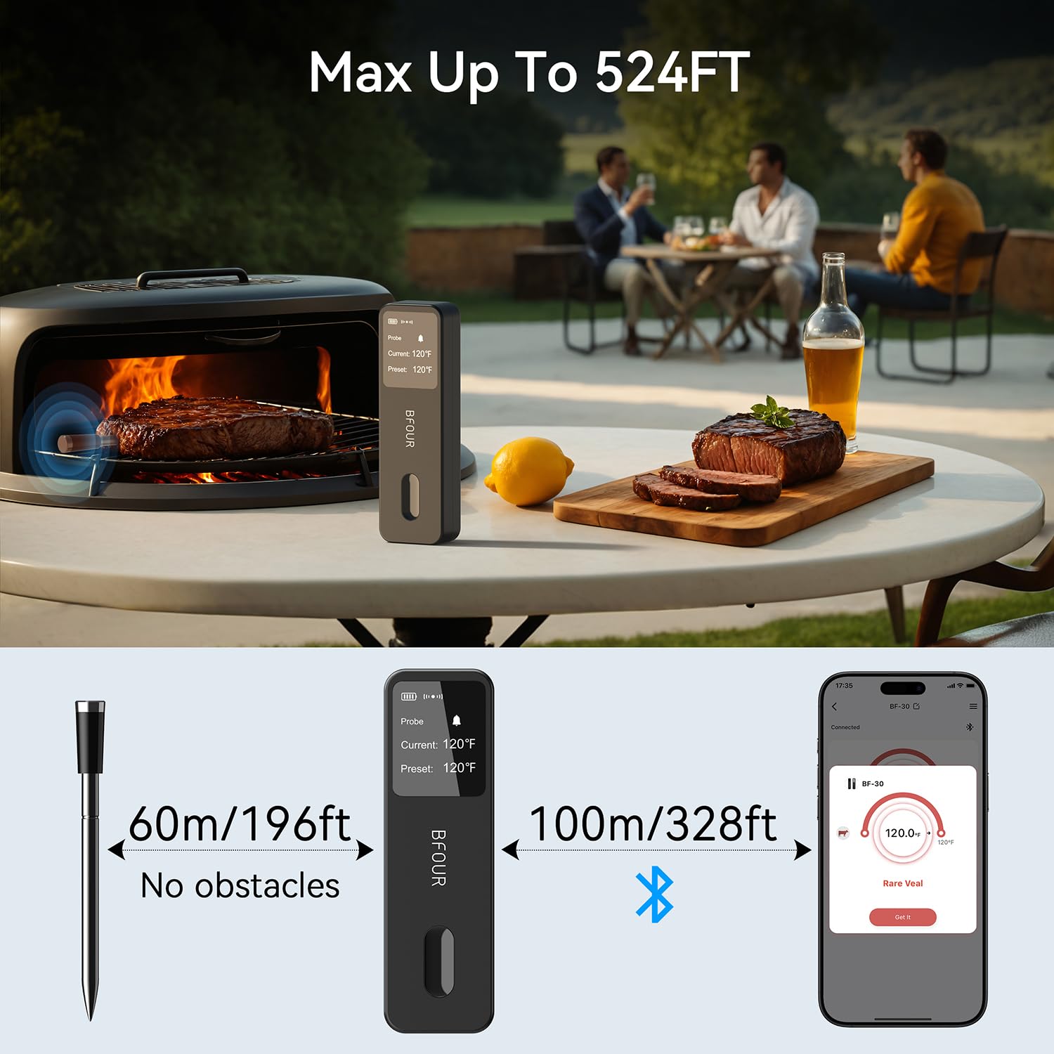 BFOUR Meat Thermometer Digital Wireless with LCD Booster, Bluetooth Food Cooking Thermometer with Smart App, 524FT Remote Range, 100% Waterproof & 752°F Heat Resistant Probe for BBQ Oven Grill Smoker - Image 6