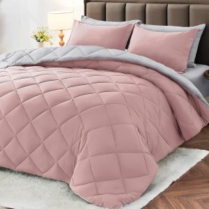 MUXHOMO 7 Pieces Queen Comforter Set, Reversible Bed in a Bag Queen Size, All Season Bedding Set with Comforter, Flat Sheet, Fitted Sheet, Pillowcases & Shams, Pink & Light Grey