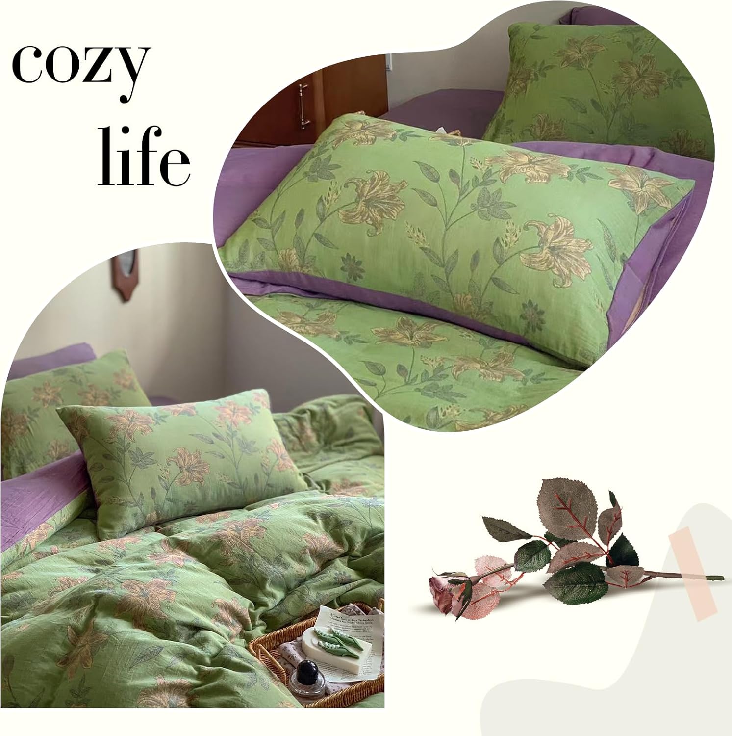 VM VOUGEMARKET Linen Cotton Jacquard Duvet Cover Queen,3 Pcs Yarn-Dyed Textured Duvet Cover Set Green Purple Floral Bedding Breathable, Natural Wrinkled Look-No Comforter - Image 9