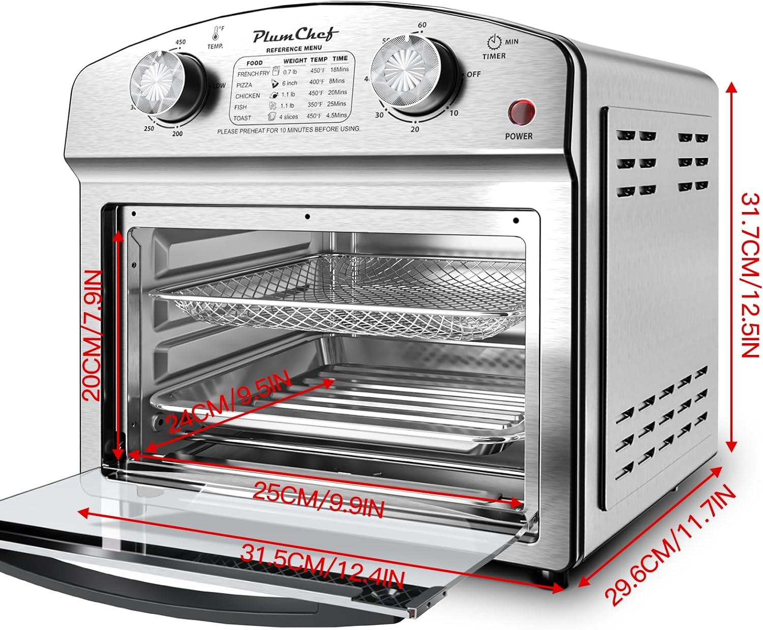 PlumChef 13 Quart 4 Slices Air Fryer Convection Toaster Oven, 1500W, Multifunction Oven with Reference Menus on Panel, Time and Temperature Controls,Stainless Steel - Image 2