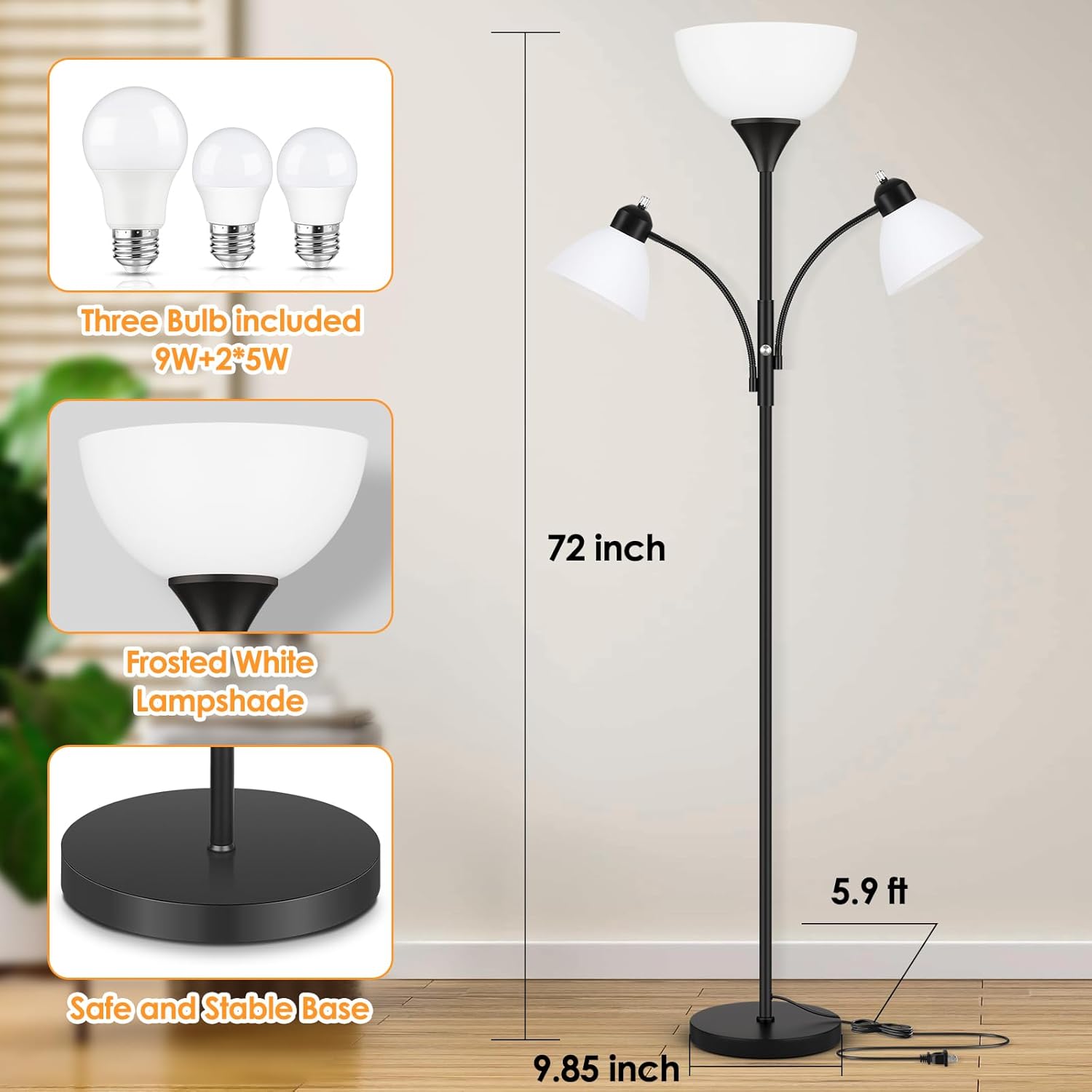 Floor Lamp for Living Room,72" Dimmable Torchiere Lamp with 2 Reading Lights for Bedroom, Black Tall Standing Room Lamp, 3 Bulbs Included - Image 5