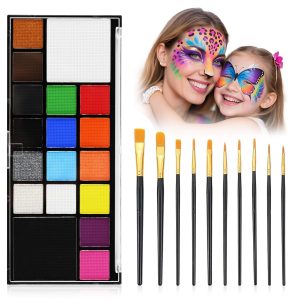 Face Paint Body Paint Kit for Kids Adults-Washable 18 Colors Face Painting Kit with 10 Brushes, Non-Toxic, Skin Safe, Water-Activated for Halloween Makeup Cosplay Costume Party