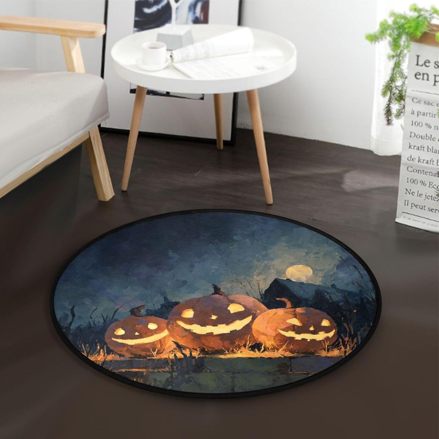ALAZA Pumpkins at Night Round Floor Mat Non-Slip Absorbent Floor Mat for Living Room Bedroom Study Room,36.2 inch Diameter - Image 2
