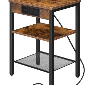 HOOBRO Side Table with Charging Station and USB Port, Small End Table for Small Space, 3-Tier Nightstand with Adjustable Shelf, for Living Room, Bedroom and Balcony, Rustic Brown BF112BZ01