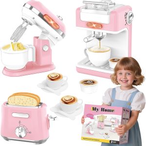 Ehome Play Kitchen Toys Kids Kitchen Accessories Pretend Play Kitchen Appliances Toy Set with Coffee Maker, Mixer, Toaster for Kids Toddler Kitchen Playset Ages 4 5 6 7 8 Girls