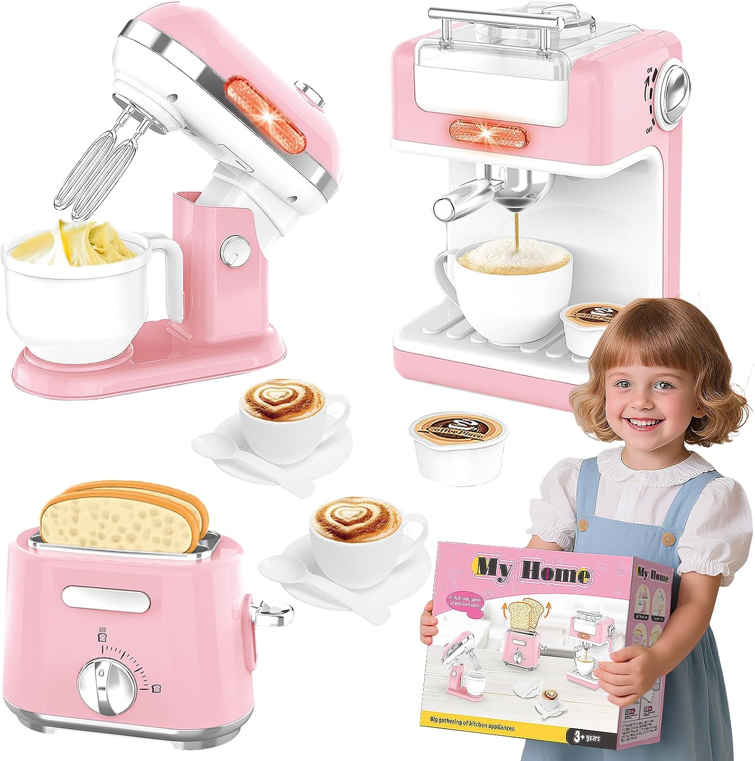 Ehome Play Kitchen Toys Kids Kitchen Accessories Pretend Play Kitchen Appliances Toy Set with Coffee Maker, Mixer, Toaster for Kids Toddler Kitchen Playset Ages 4 5 6 7 8 Girls