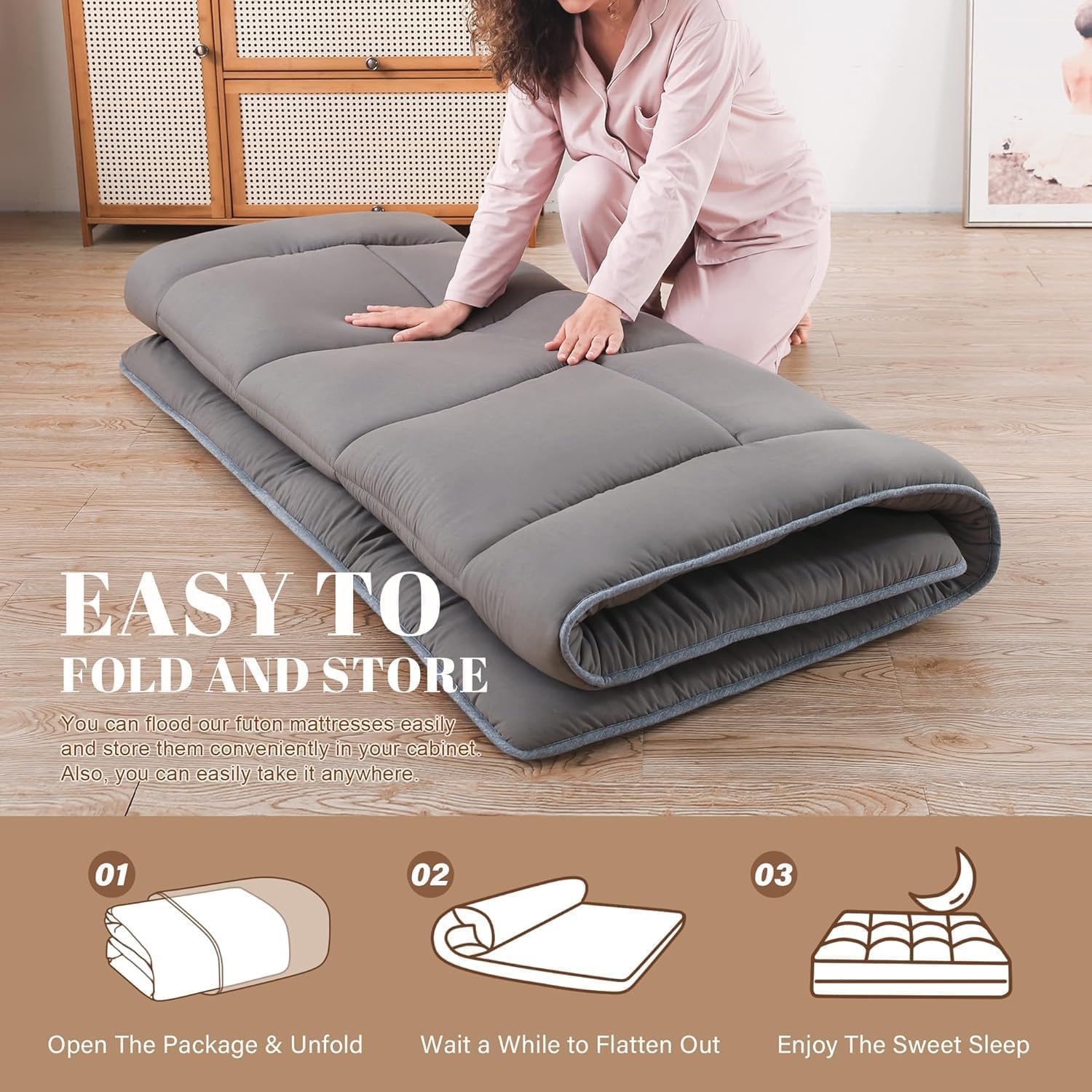 WhatsBedding Japanese Floor Mattress Futon Mattress 3" Grey Tatami Mat Shredded Memory Foam Filled Sleeping Pad, Foldable & Portable Roll Up Lounger Camping Bed,60"x 80" Queen Size - Image 5