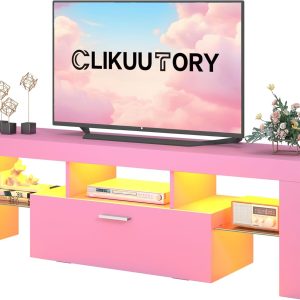 Clikuutory Modern Lighting 51 inch TV Stand with Large Storage Drawer for 32 40 50 55 Inch TVs, TV Console with 20 Color LED Lights, Entertainment Center Media and Open Shelf for Bedroom, Pink