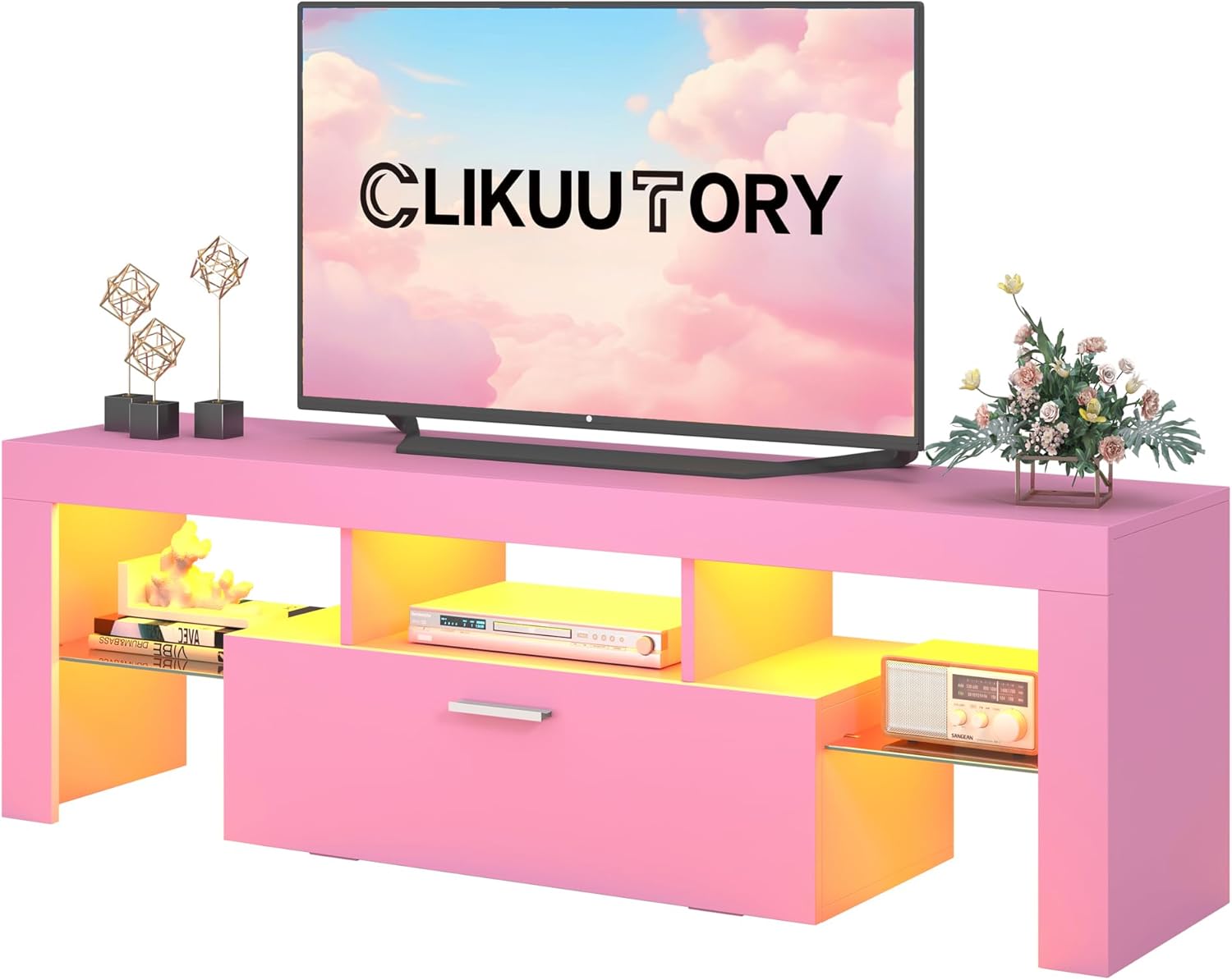 Clikuutory Modern Lighting 51 inch TV Stand with Large Storage Drawer for 32 40 50 55 Inch TVs, TV Console with 20 Color LED Lights, Entertainment Center Media and Open Shelf for Bedroom, Pink