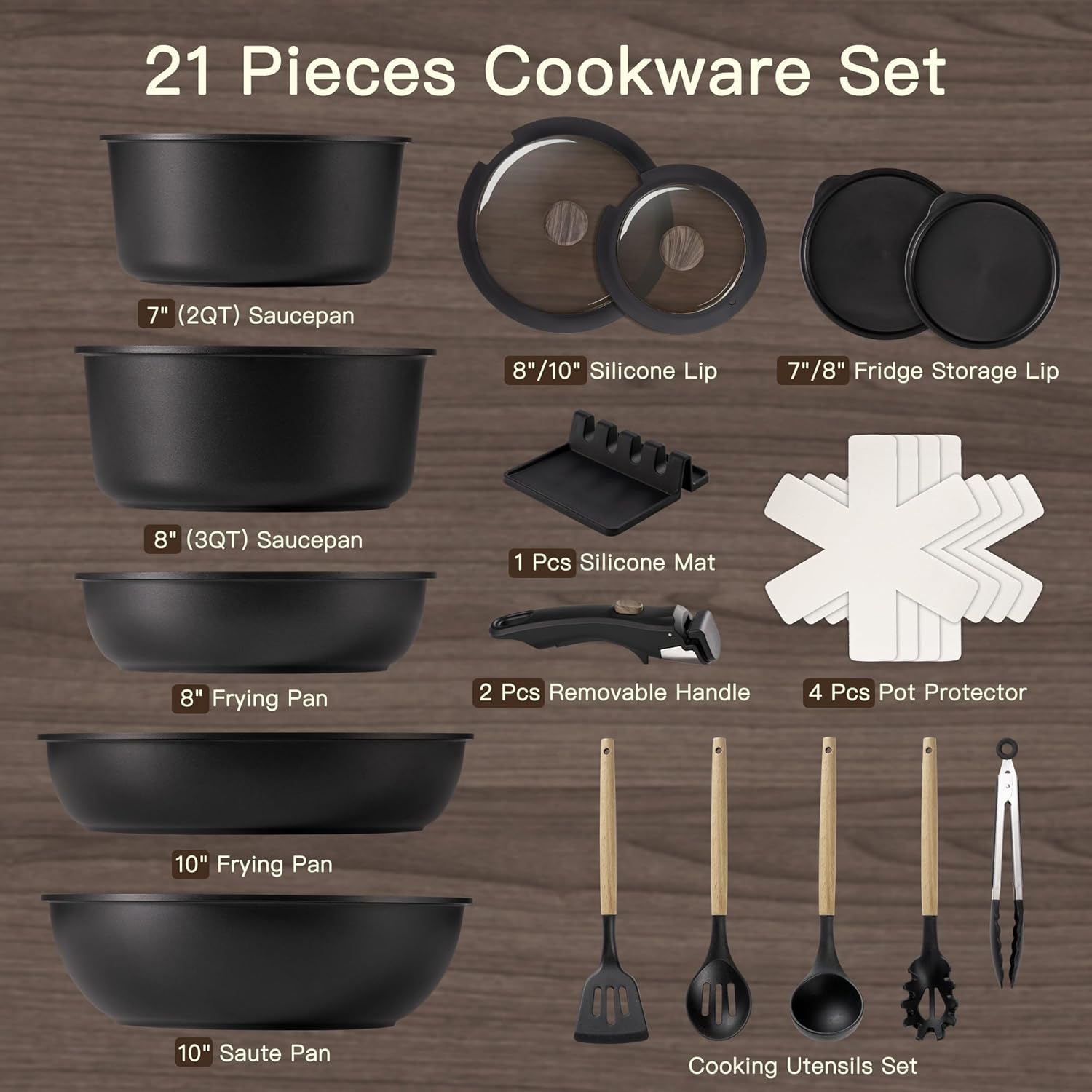 Astercook Non Stick RV Pots and Pans Ceramic Kitchen Cookware Set with Detachable/Removable Handle, Oven Safe, Induction Ready, Stackable, Black, 21 pcs - Image 9