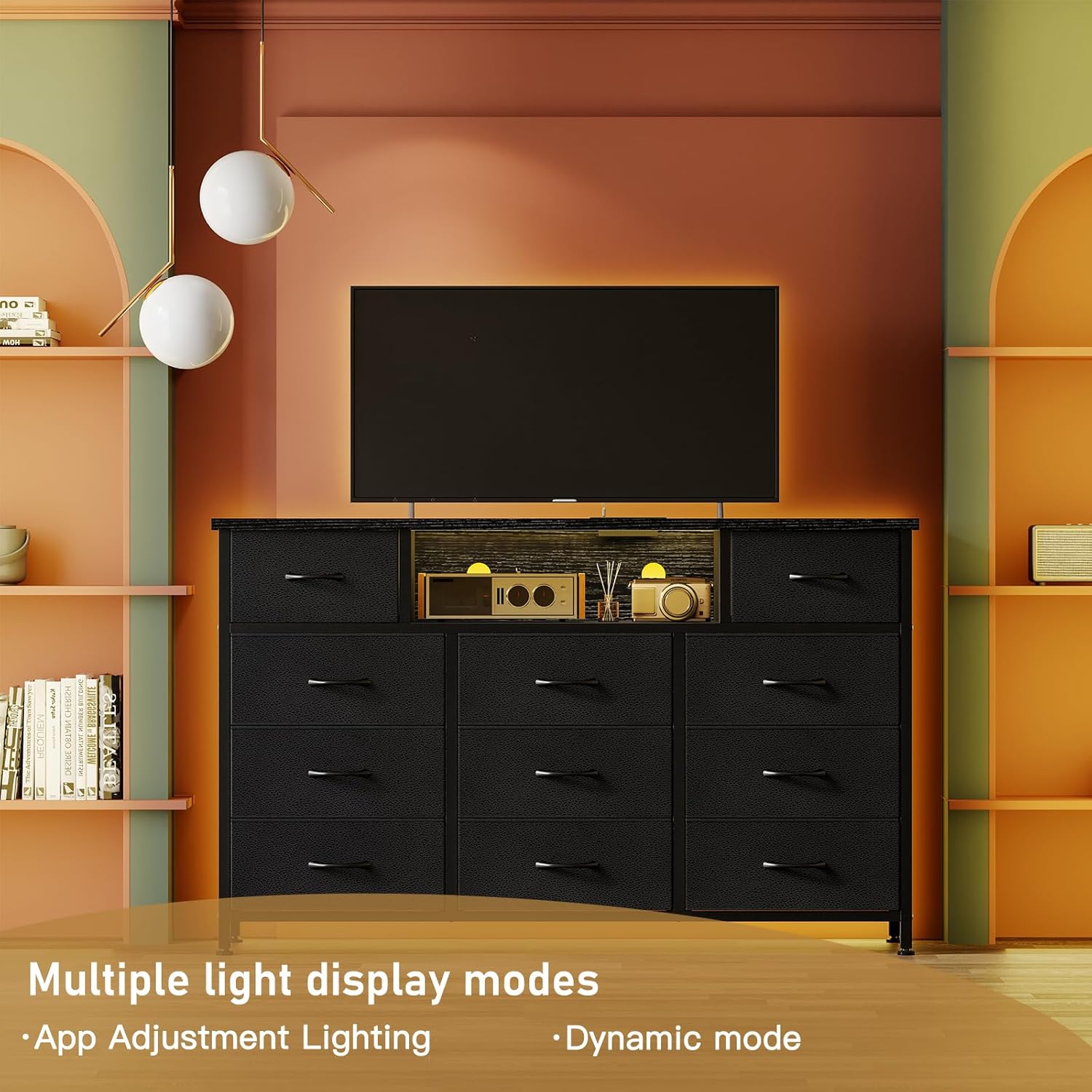 YGEOMER 59in Long Black Dresser for Bedroom TV Stand with Charging Station and LED Lights, Black Dresser with 11 Drawers, Fabric Chest of Drawers with PU Finish for Bedroom, Entryway - Image 6