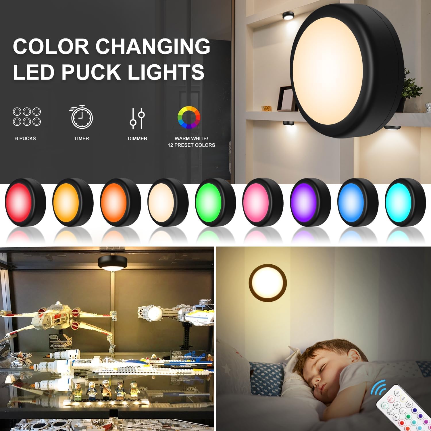BLS LED Puck Lights with Remote Control, 13 Color Changing Under Cabinet Lighting Wireless, Push Battery Operated Night Light, Tap Battery Powered Stick on for Closet,Kitchen,Stairs,Step, Black 6 Pack - Image 6