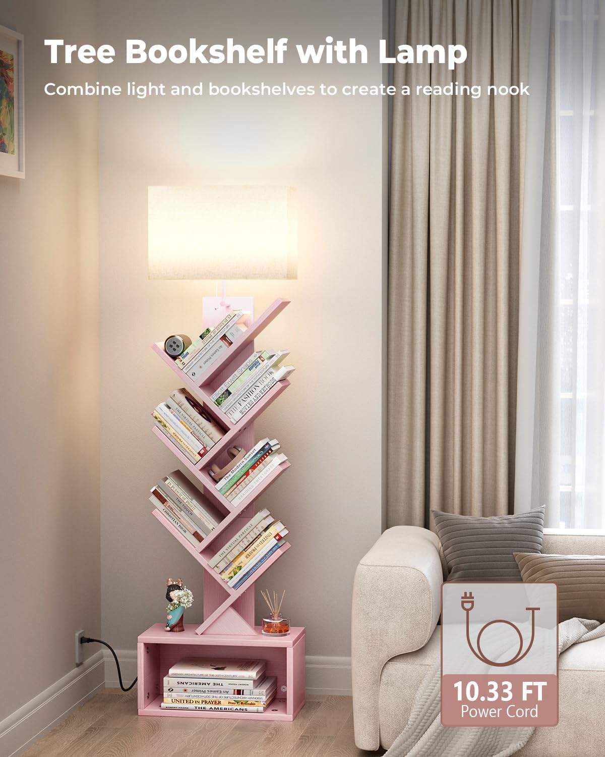 Evermagin 6 Tier Tree Bookshelf with Light, Narrow Bookcase Tower, Tall Floor Standing Book Shelf Organizer with Storage Cabinet for Living Room, Bedroom and Home Office, Pink - Image 3