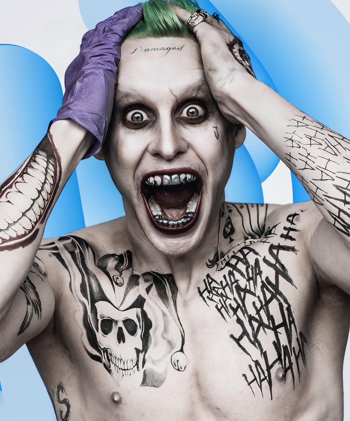 5 Sheets Cosplay Clown Prince JOKAR Temporary Tattoos – Large Tattoo Stickers for Men, Women, and Kids – Evil Smile and Jester-themed Fake Tattoos for Cosplay, Halloween, and Parties – 8.2 x 11.6 Inch - Image 2