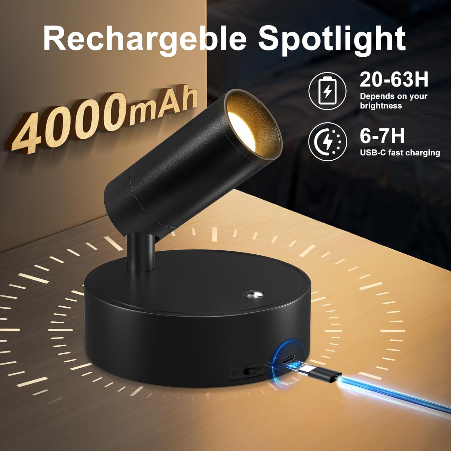 Kimjo Spot Lights Indoor, 4000mAh Rechargeable Battery LED Spotlight Indoor with Remote, Wireless Picture Lights with Timer Dimmable, Uplighting for Plant, Wall Art Display (2 Pack) - Image 2