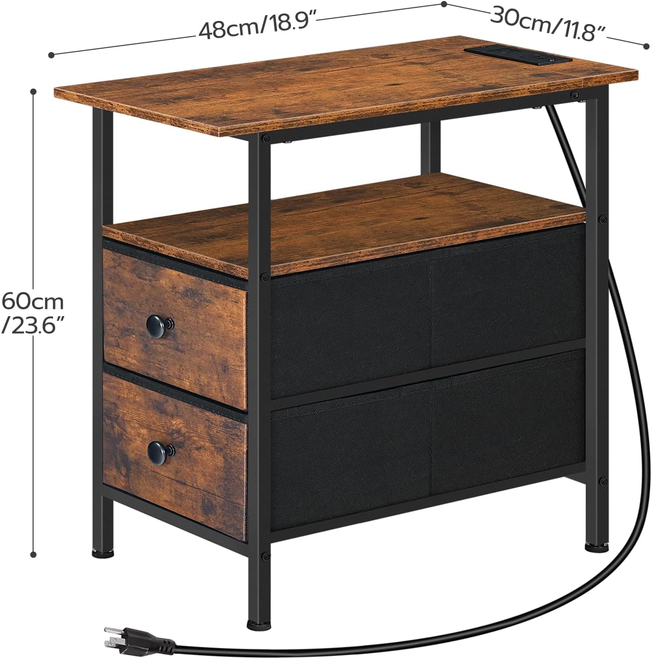 HOOBRO End Table with Charging Station, Narrow Side Table, Nightstand with 2 Non-Woven Drawers, Slim Sofa Side Table, for Small Spaces, Living Room, Bedroom, Rustic Brown and Black BF486UBZ01 - Image 3