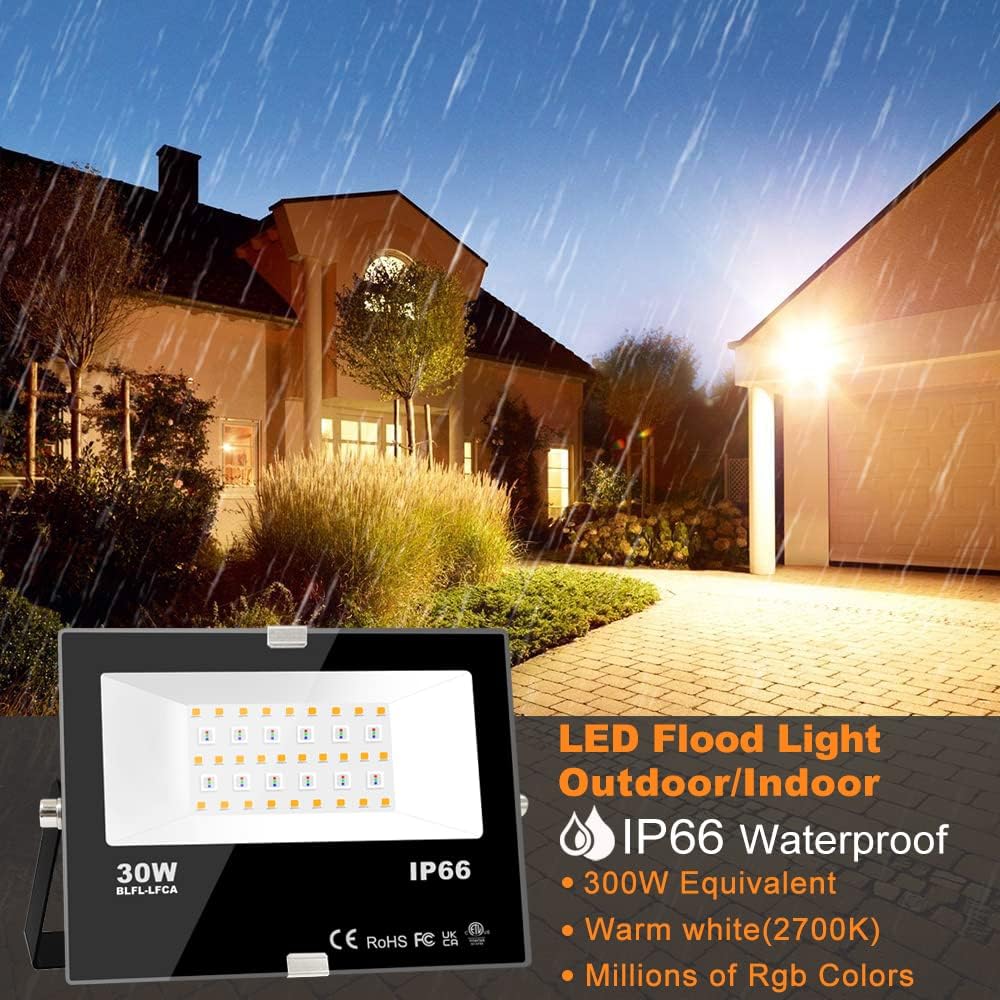 MELPO 30W Led Flood Light Outdoor 300W Equivalent, Color Changing RGB Lights with Remote, 120 RGB Colors, Warm White 2700K, Timing, Custom Mode, Uplight Landscape Lights,IP66 US 3-Plug (2 Pack) - Image 2