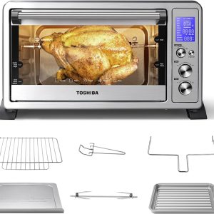 TOSHIBA AC25CEW-SS Large 6-Slice Convection Toaster Oven Countertop, 10-In-One with Toast, Pizza and Rotisserie, 1500W, Stainless Steel, Includes 6 Accessories