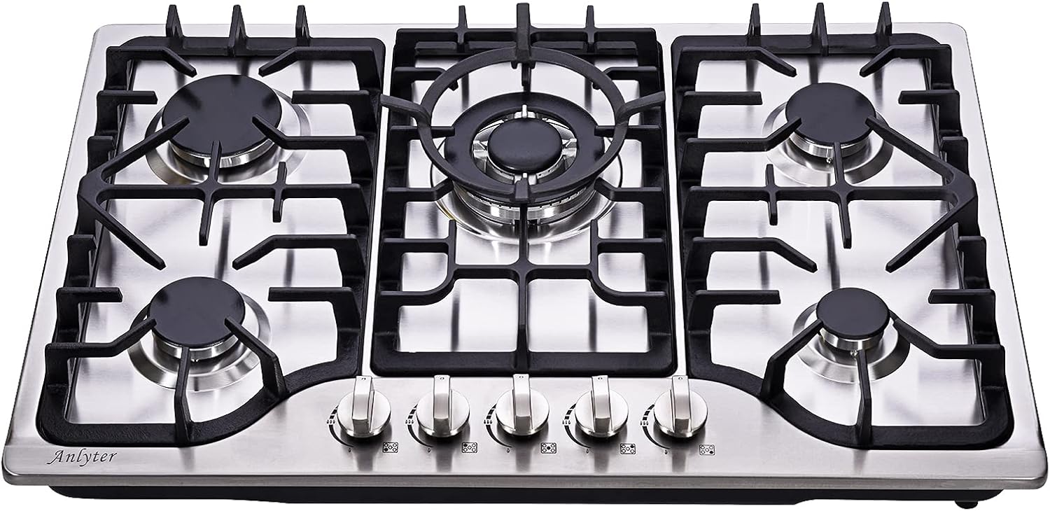 30 Inch Gas Cooktop, 5 Burners Built-in Gas Stovetop Stainless Steel LPG/NG Gas Stove Dual Fuel Sealed Gas Hob with Wok Stand and Pressure Regulator - Image 2