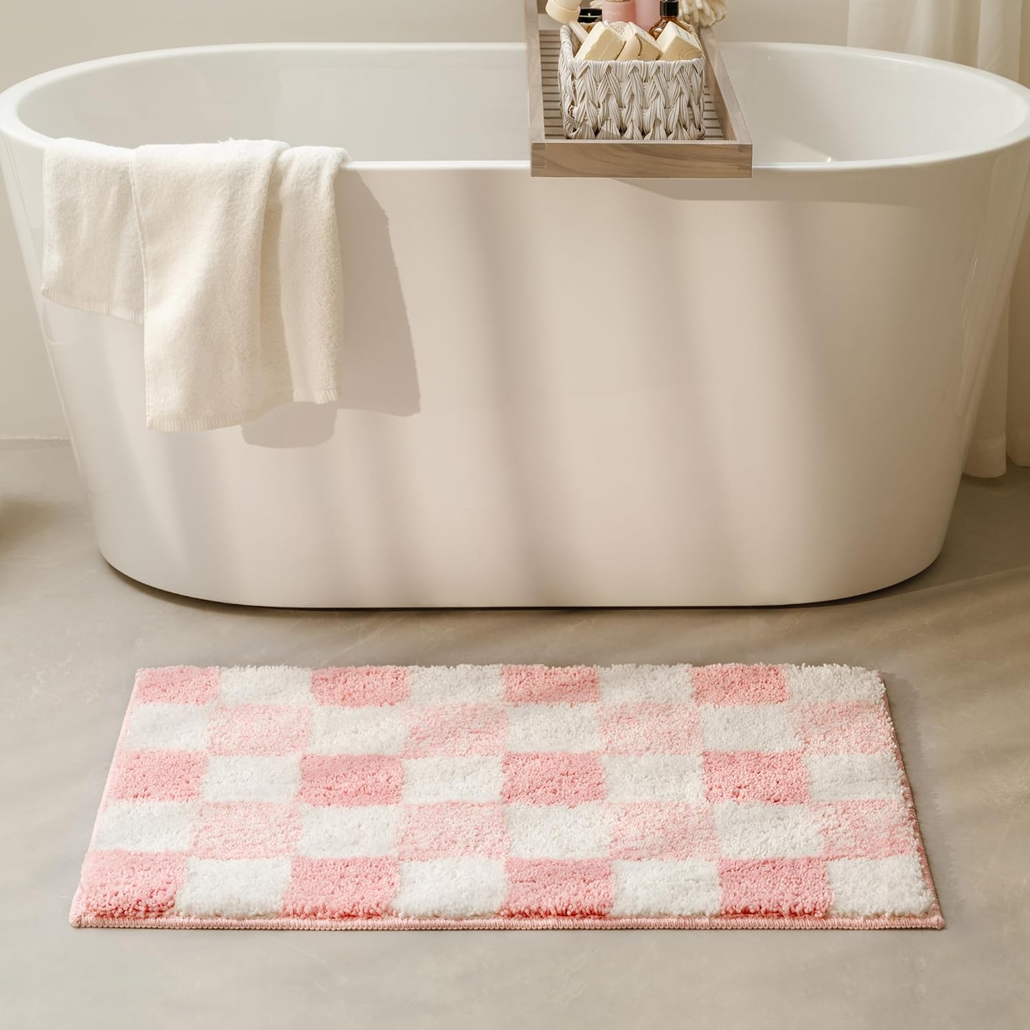 GRANNY SAYS Checkered Pink Bathroom Rugs Decor,32" x 20",Fluffy Rug, Absorbent Microfiber Ultra Soft Bath Mat Washable, Non-Slip Bath Mats for Bathroom, Cute Floor Mat for Tub, Shower, Bedroom - Image 7