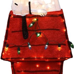 ProductWorks Peanuts Pre-Lit Snoopy and Woodstock Doghouse Indoor/Outdoor Christmas Yard Ornament, Holiday Display with 80 Lights, 32 Inches