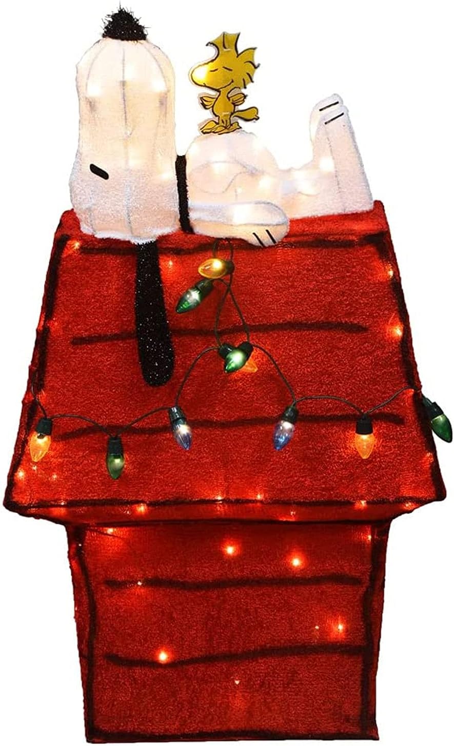 ProductWorks Peanuts Pre-Lit Snoopy and Woodstock Doghouse Indoor/Outdoor Christmas Yard Ornament, Holiday Display with 80 Lights, 32 Inches