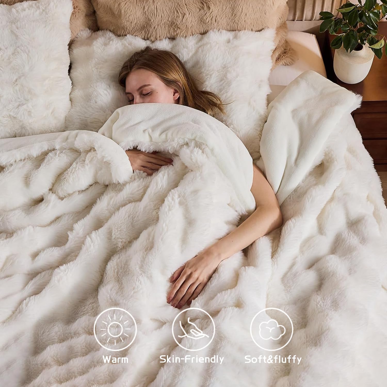 Lotus Karen Faux Fur Queen Comforter Set – Cream White Fluffy Comforter Queen Size, Big Bubble Faux Rabbit Fur Bedding Comforter Sets, Warm Cozy Fuzzy Bed Set 3 Pieces, 1 Comforter and 2 Pillowcases - Image 3