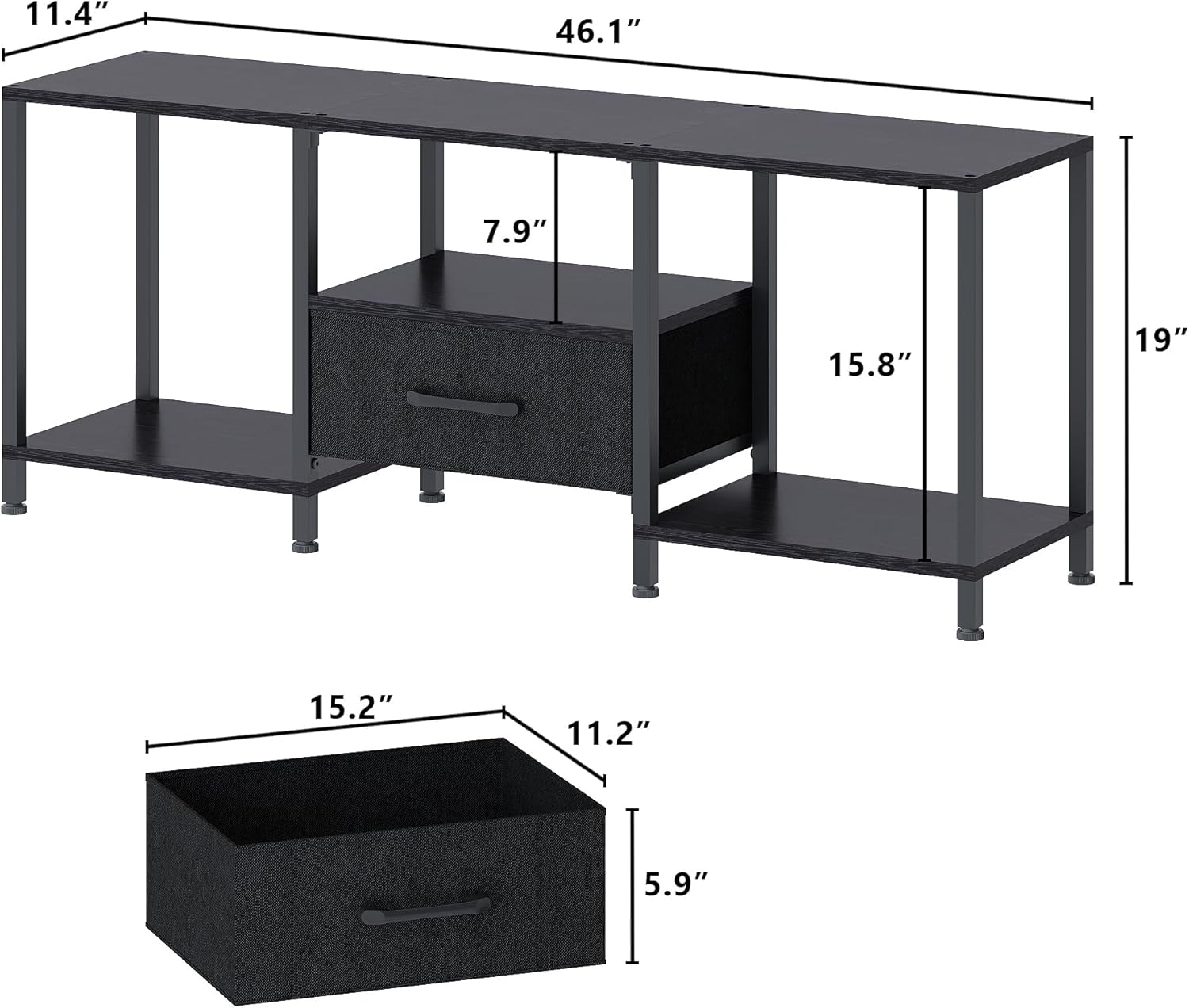 TV Stand with LED Lights, Entertainment Center with Open Shelves and Fabric Drawer, Media Console for 55 Inch TV, Television Stands for Living Room, Bedroom, Black - Image 3