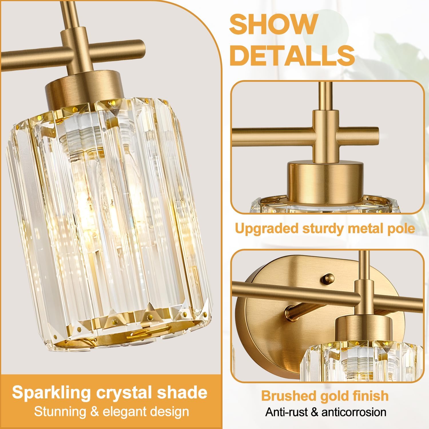 Modern Crystal Bathroom Vanity Light, 3-Light Brushed Gold Bathroom Light Fixtures with Clear Shades, Vanity Lighting Fixtures Over Mirror (Exclude Bulb) - Image 6