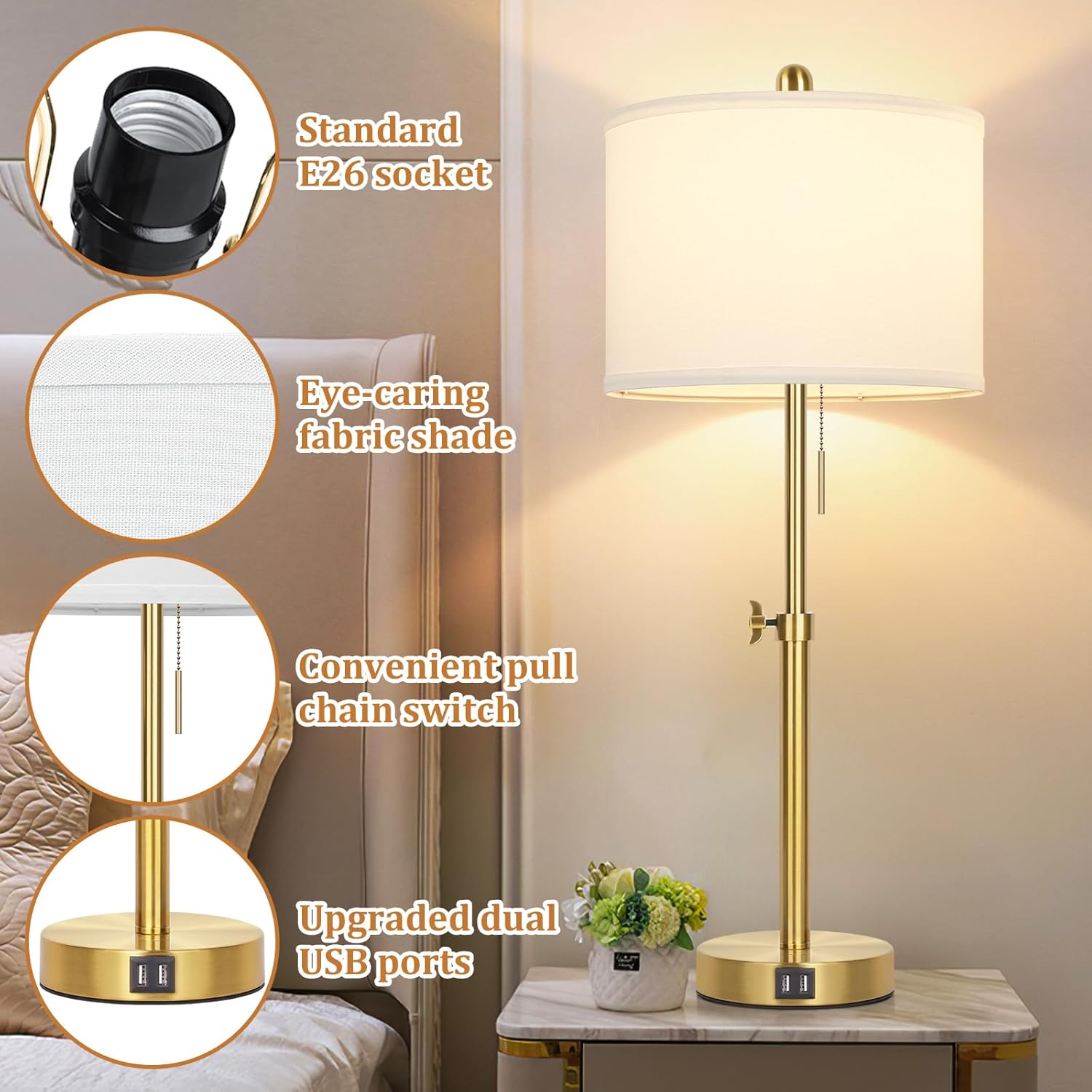 Table Lamp Set of 2, Bedside Lamp with 2 USB Ports, Gold Tall Table Lamp for Living Room End Tables, 23" to 30" Height Adjustable Lamp for Bedroom, Farmhouse Table Lamps with Pull Chain, E26 - Image 7